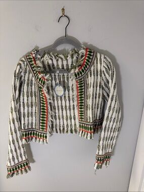 Cropped Fringe Jacket in White & Green Embroidery